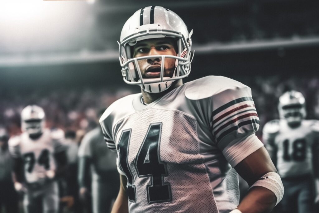 An American football player in a white uniform and helmet during a football match. A game moment. Generative Ai
