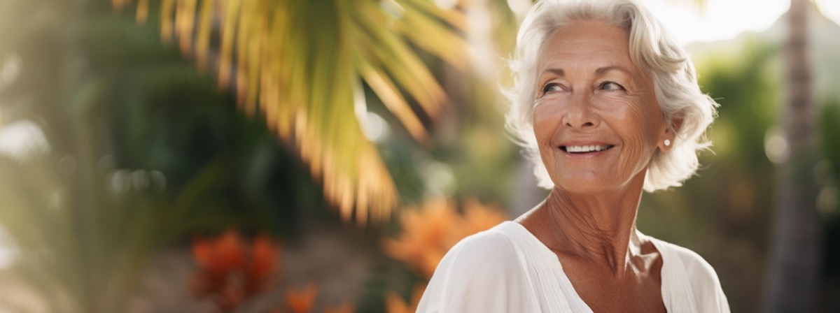 Elegant and happy mature woman with gray hair traveling on tropical vacation