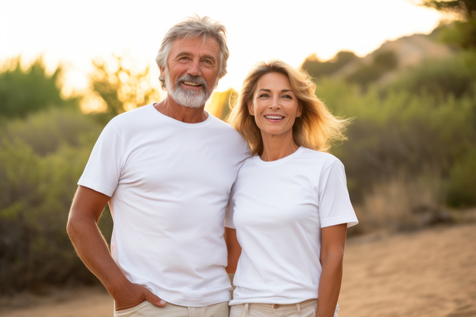 Mature couple in matching shirts smiling