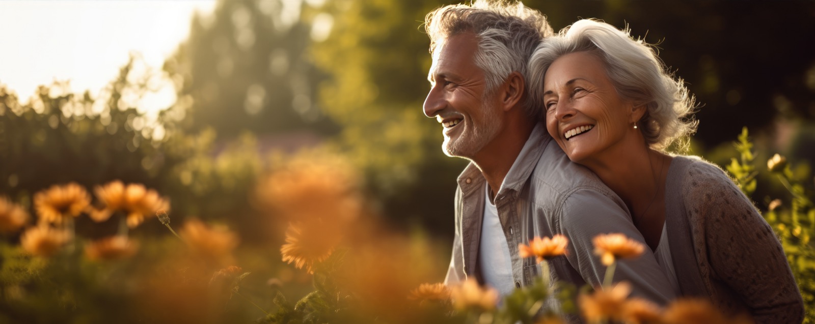 Older couple smiling while in a garden